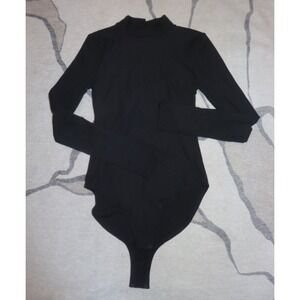 Girlfriend Collective Women's Black Ribbed Built In Bra Mock Neck Bodysuit Mediu